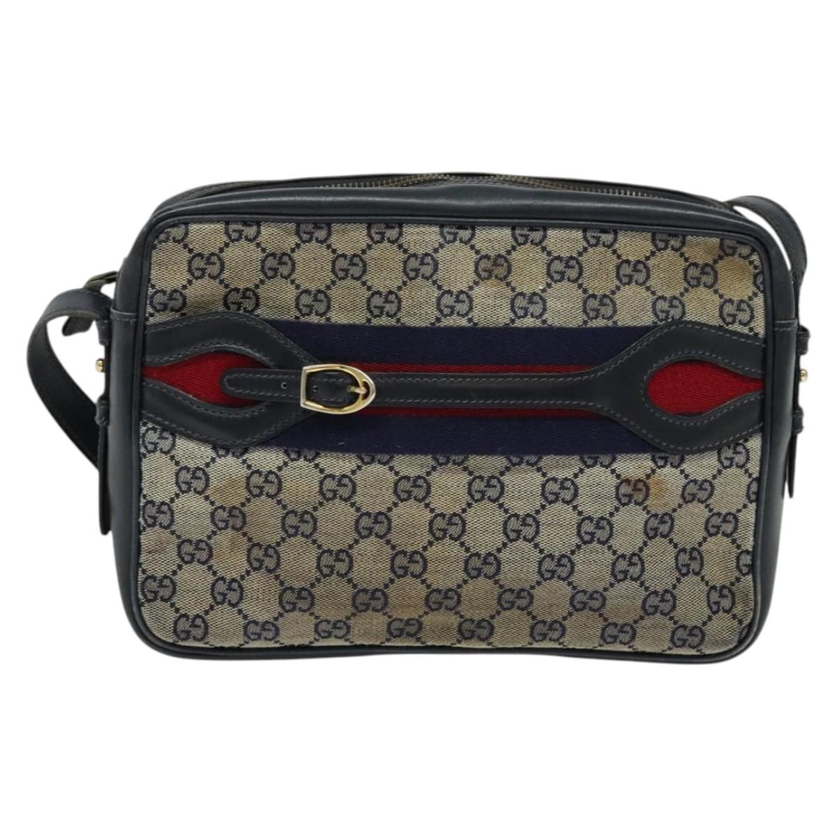 GUCCI GG Canvas Sherry Line Shoulder Bag Vintage Navy Gold Auth 133847