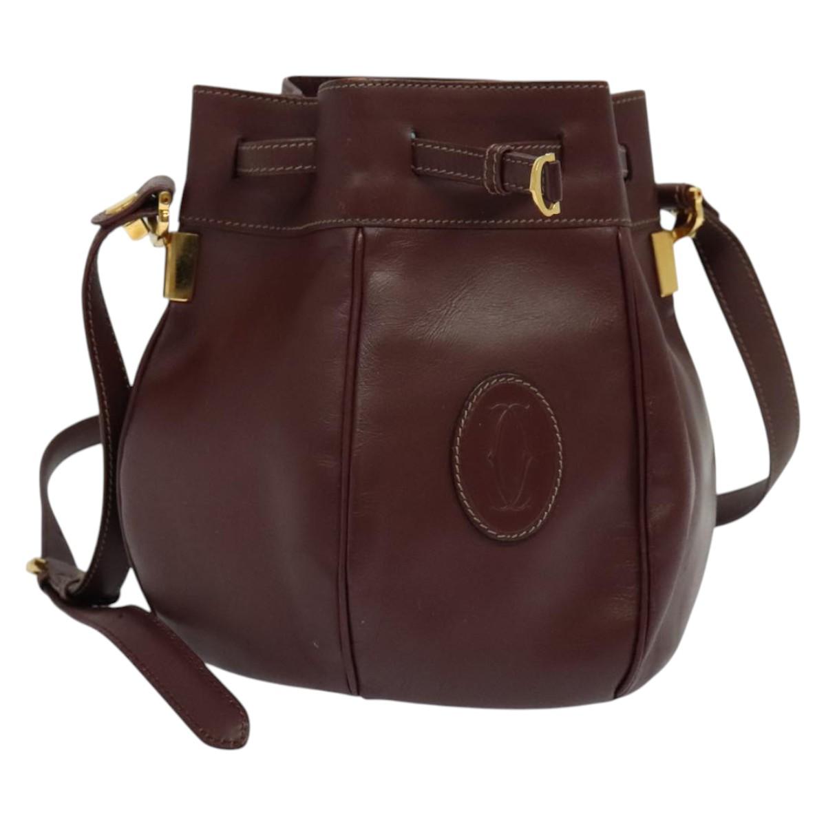 CARTIER Must Line Shoulder Bag Leather Bordeaux Gold Auth 133861