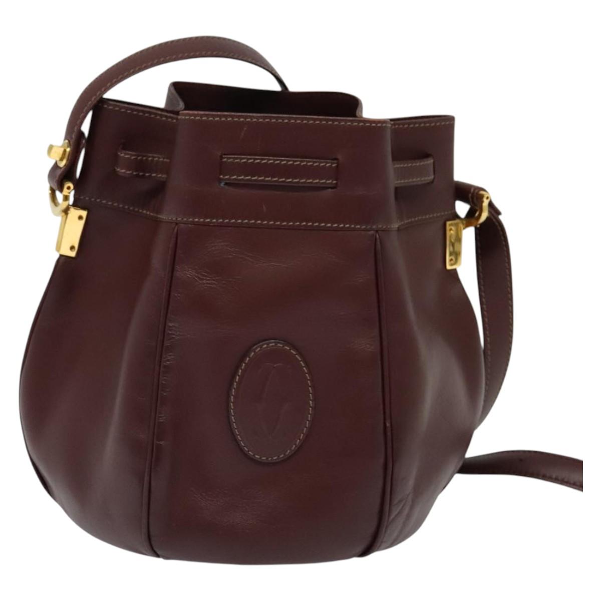 CARTIER Must Line Shoulder Bag Leather Bordeaux Gold Auth 133861