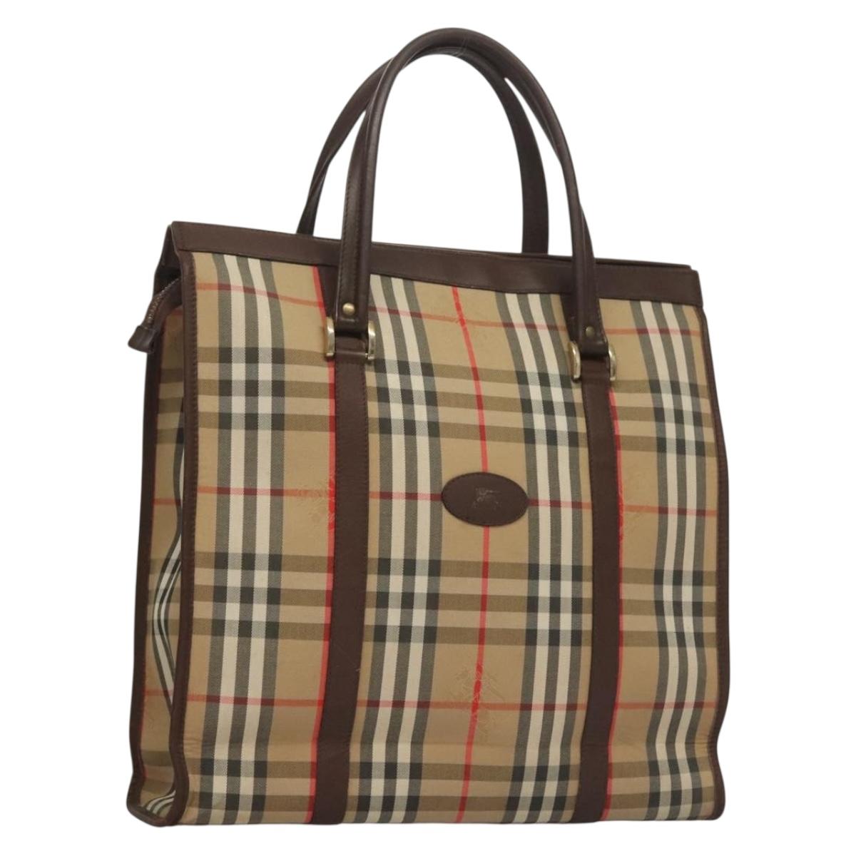 Burberrys Nova Check Hand Bag Canvas Beige Gold Auth 133911