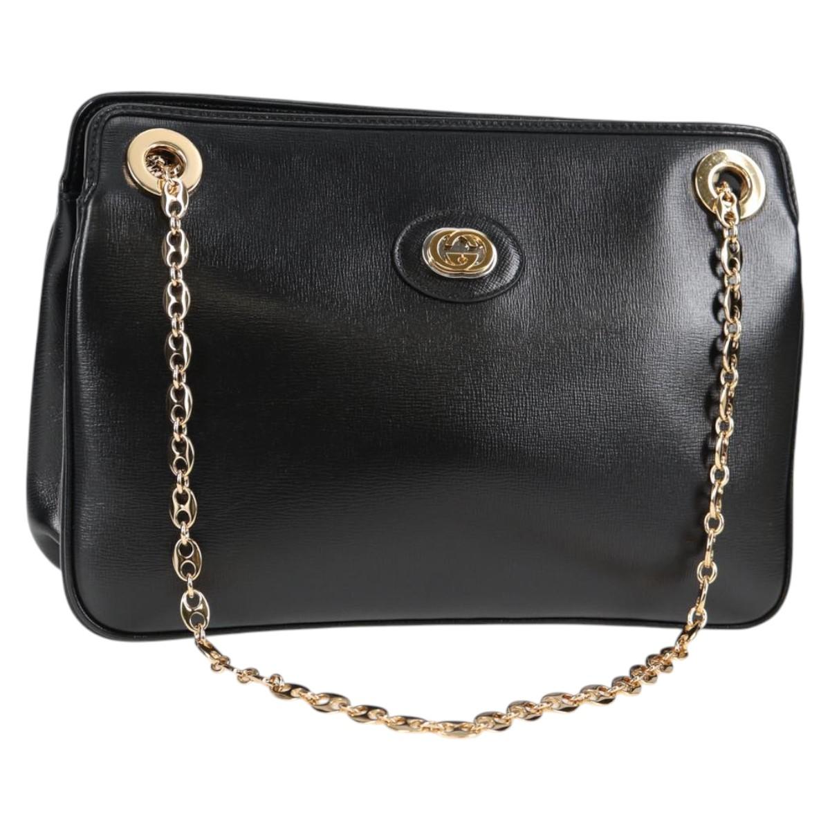 GUCCI Chain Marina Shoulder Bag Leather Black Gold 576422 Auth 133932V