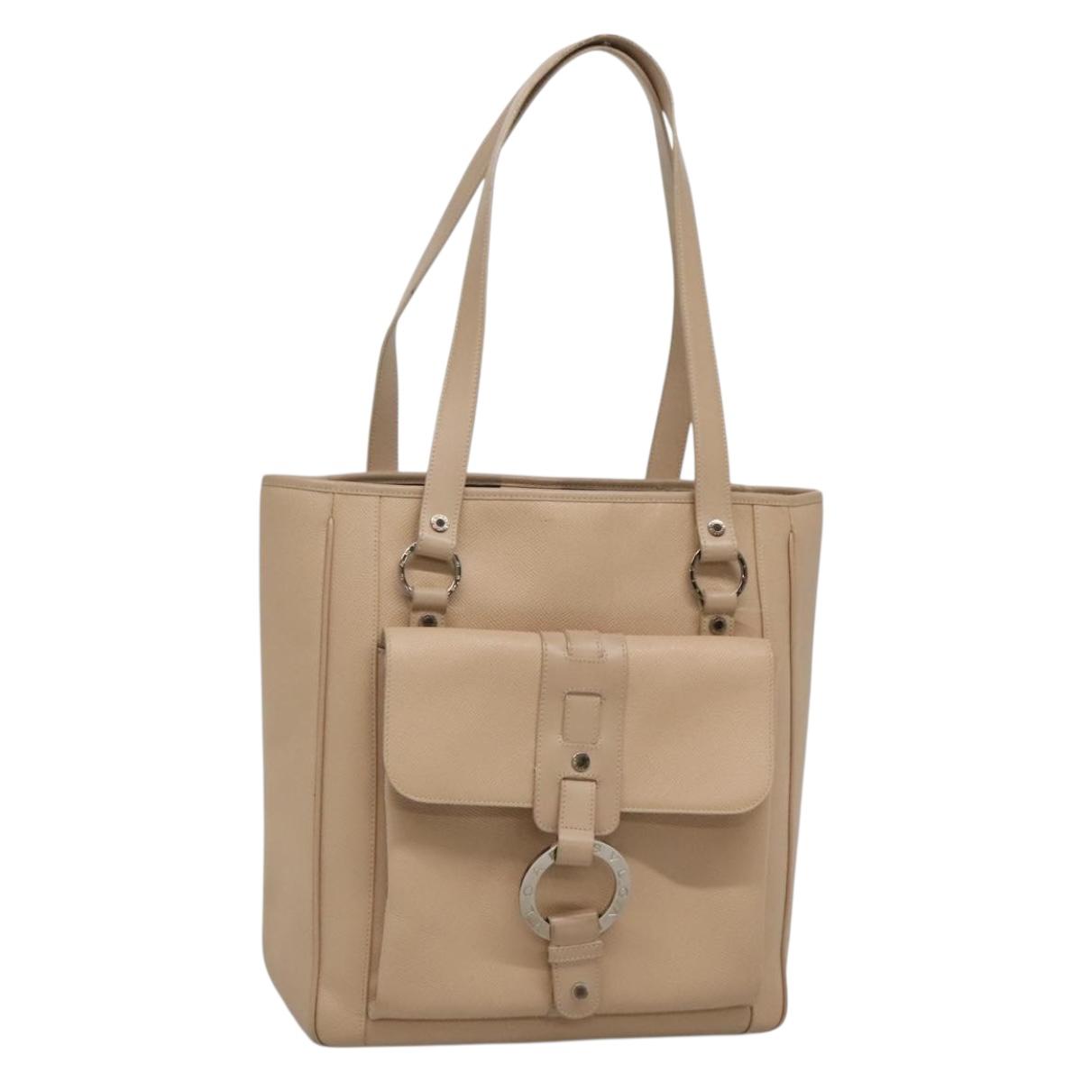 BVLGARI Tote Bag Leather Beige Silver Auth 133970