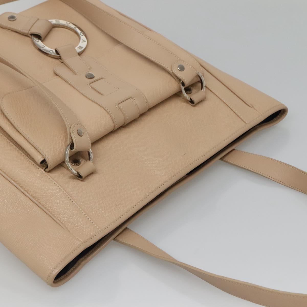 BVLGARI Tote Bag Leather Beige Silver Auth 133970