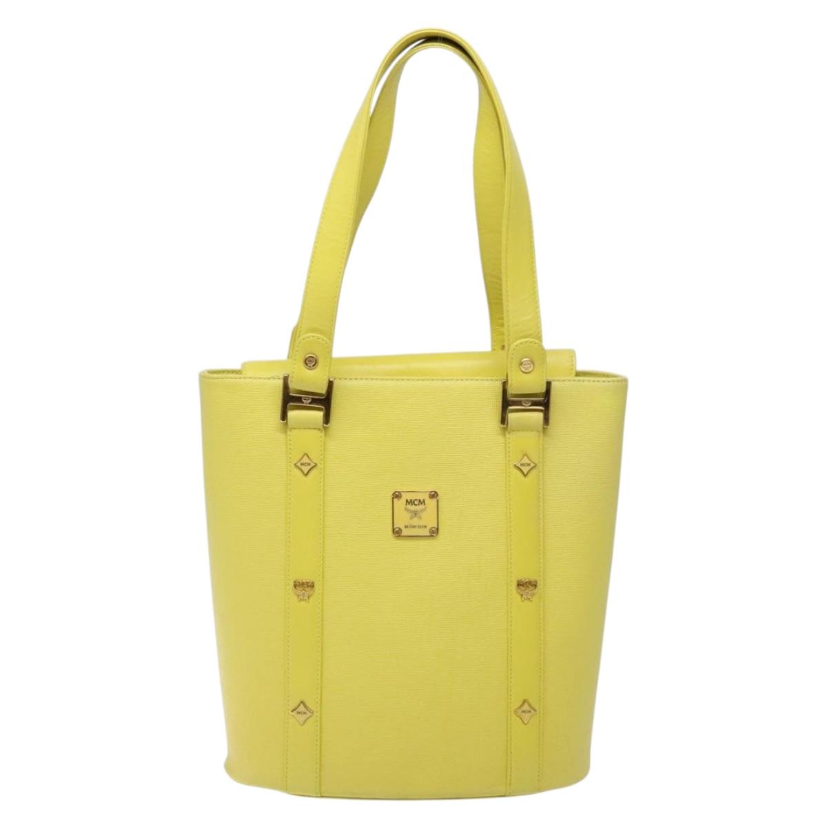 MCM Studs Tote Bag Leather Gold Lime yellow Auth 133982