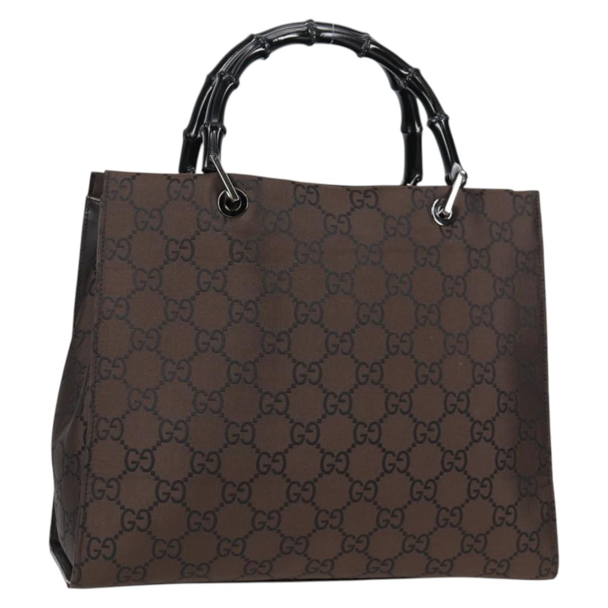 GUCCI GG Canvas Bamboo Hand Bag Nylon Dark Brown Silver 002 1010 Auth 133985V
