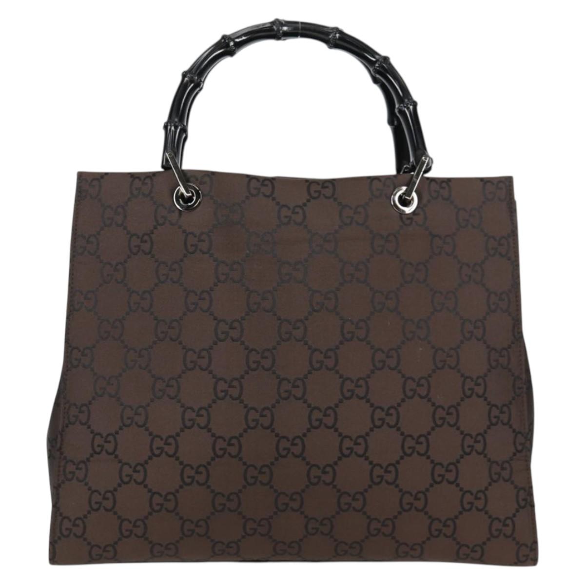 GUCCI GG Canvas Bamboo Hand Bag Nylon Dark Brown Silver 002 1010 Auth 133985V