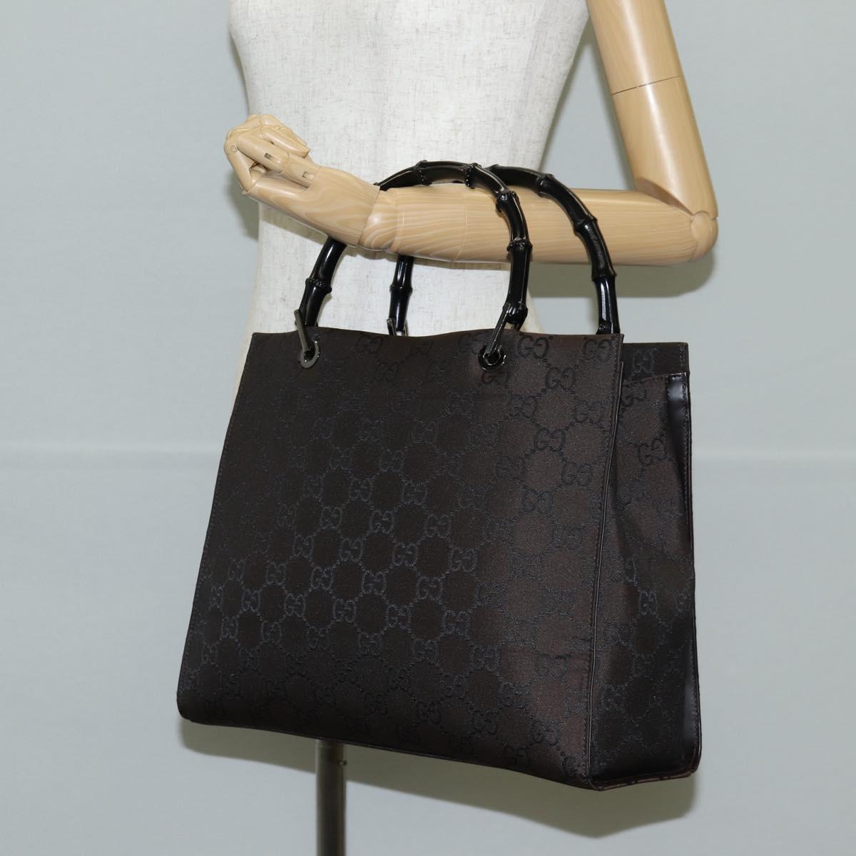 GUCCI GG Canvas Bamboo Hand Bag Nylon Dark Brown Silver 002 1010 Auth 133985V