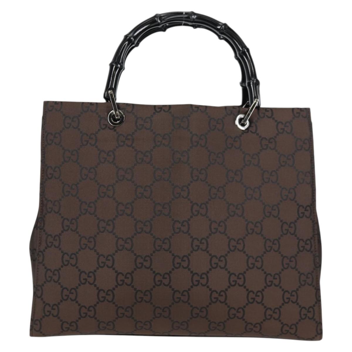 GUCCI GG Canvas Bamboo Hand Bag Nylon Dark Brown Silver 002 1010 Auth 133985V
