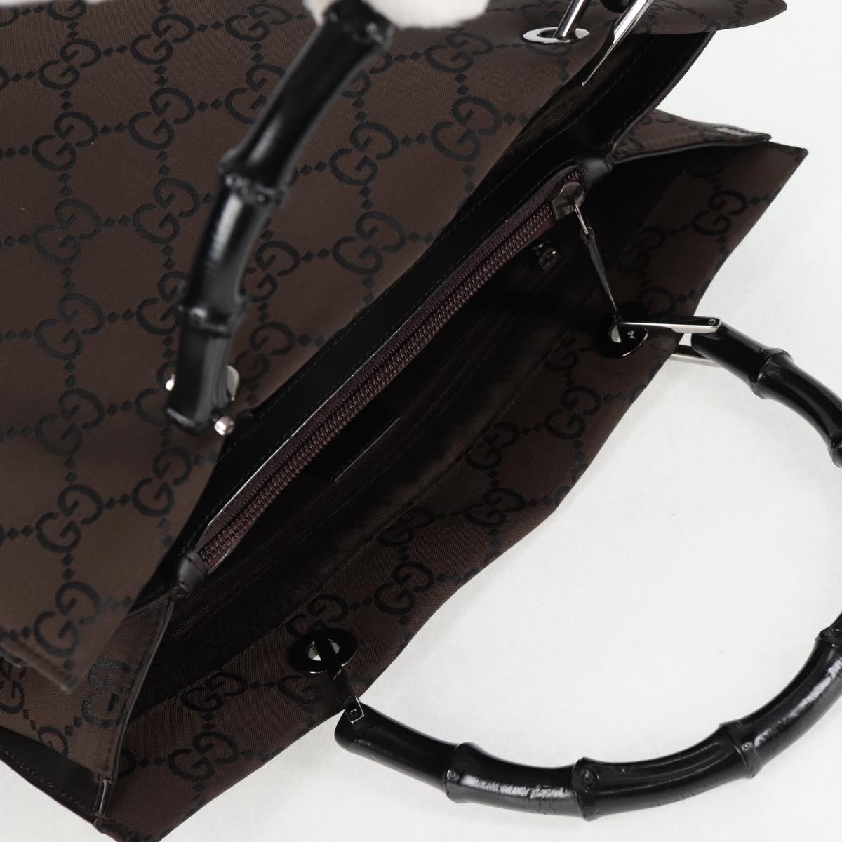 GUCCI GG Canvas Bamboo Hand Bag Nylon Dark Brown Silver 002 1010 Auth 133985V