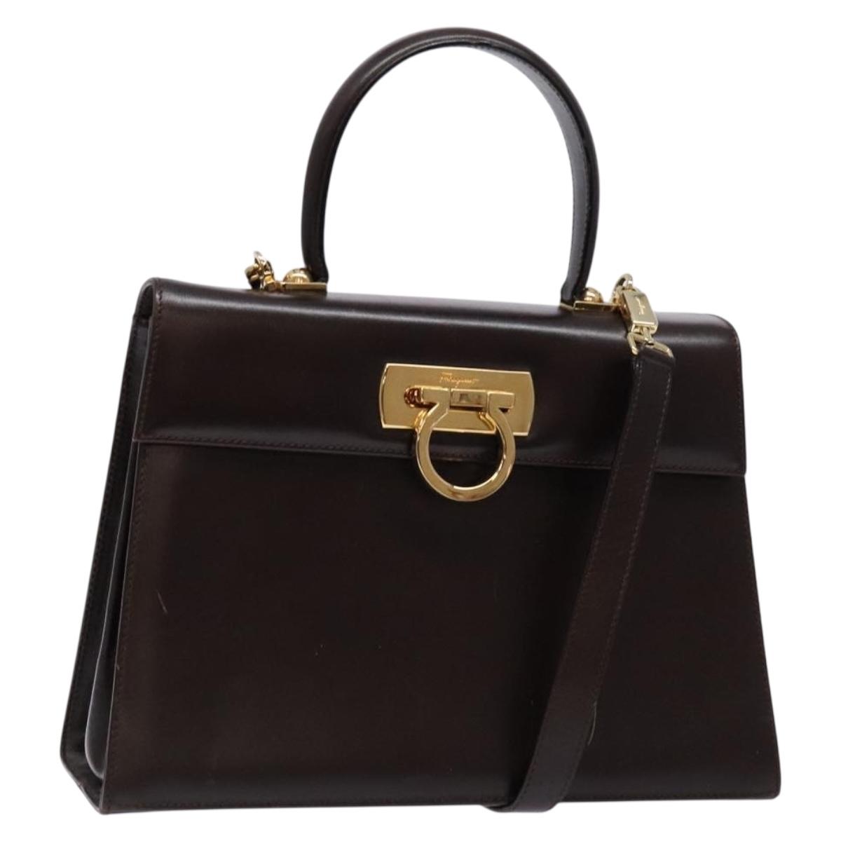 Salvatore Ferragamo Gancini Hand Bag Leather 2way Brown Gold Auth 134063