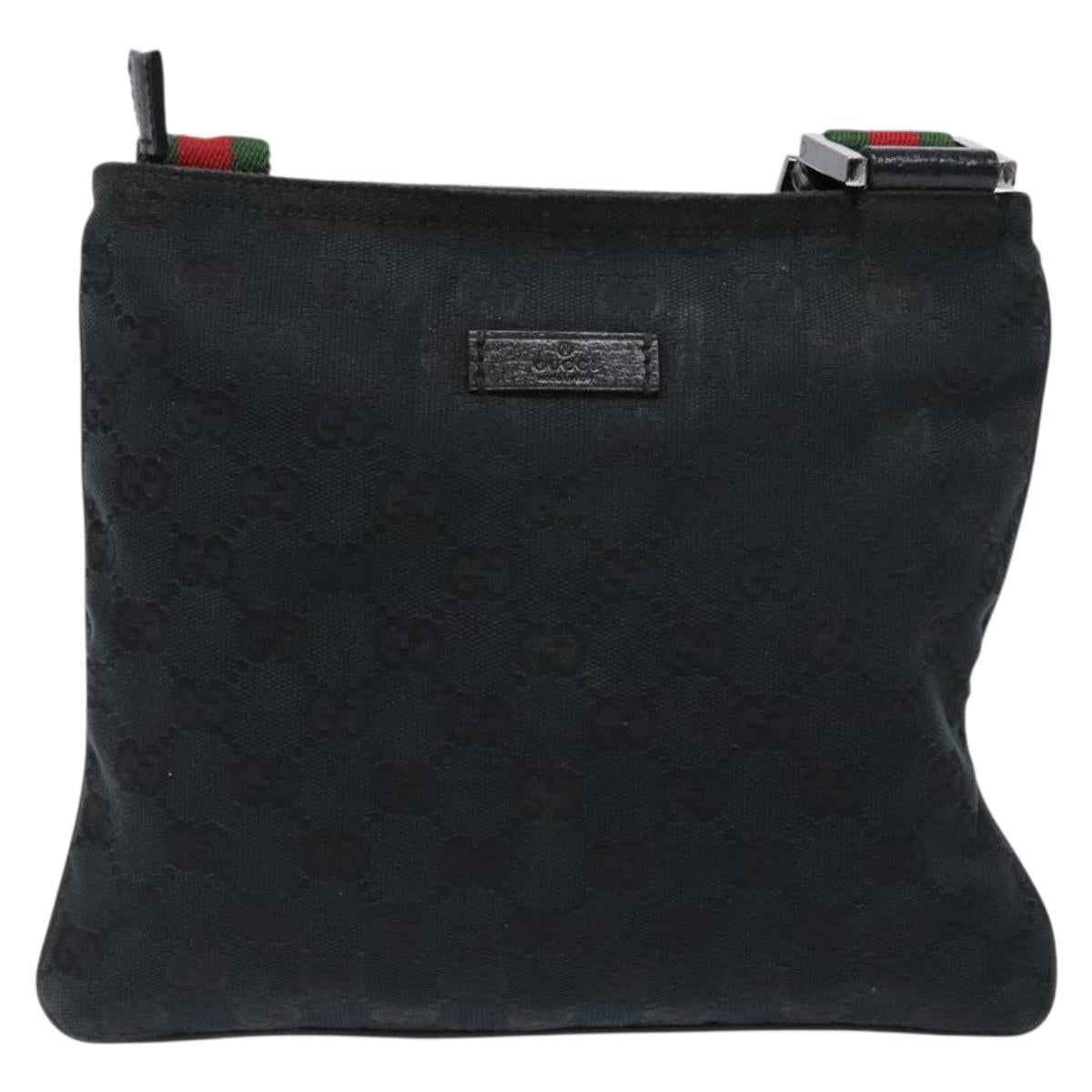 GUCCI GG Canvas Web Sherry Line Shoulder Bag Black Silver 146309 Auth 134126