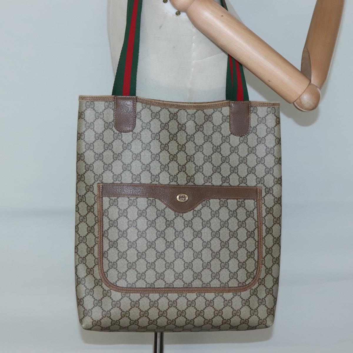 GUCCI GG Supreme Web Sherry Line Tote Bag PVC Beige Gold 39 02 003 Auth 134157