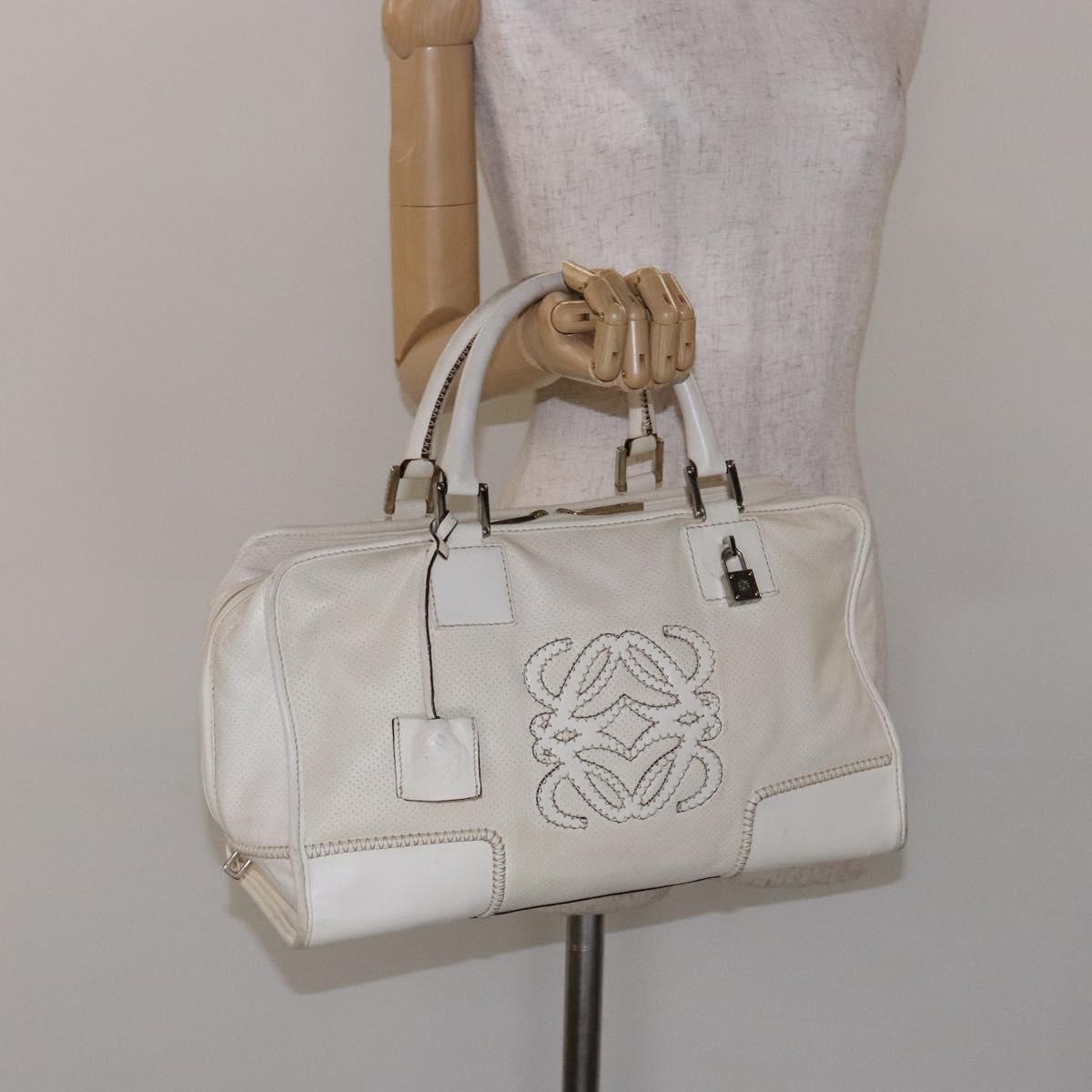 LOEWE Anagram Amazona 36 Hand Bag Leather White Silver Auth 134180
