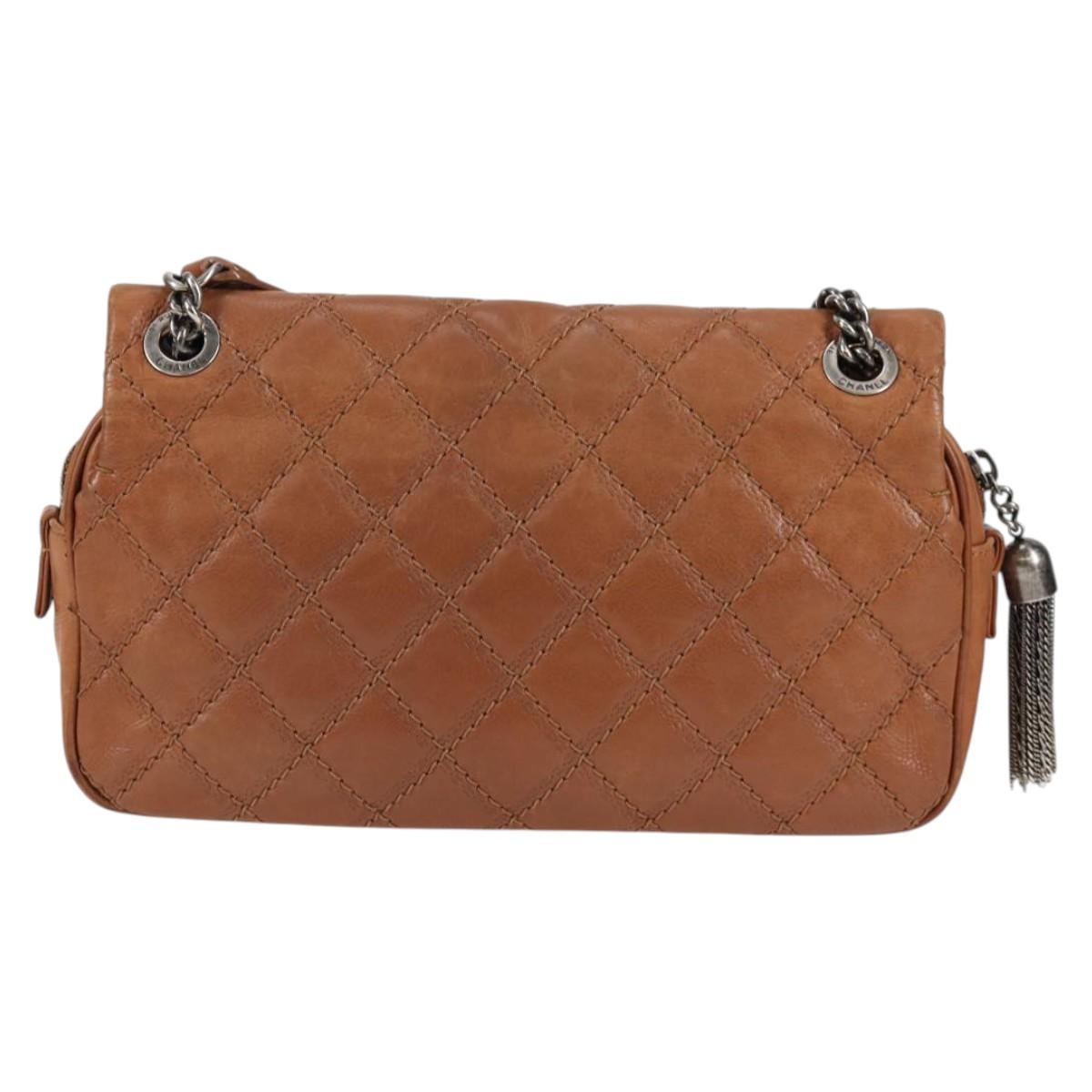 CHANEL Matelasse Chain Shoulder Bag Leather Brown Silver CC Auth 134215