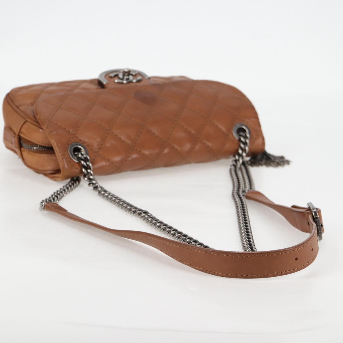 CHANEL Matelasse Chain Shoulder Bag Leather Brown Silver CC Auth 134215