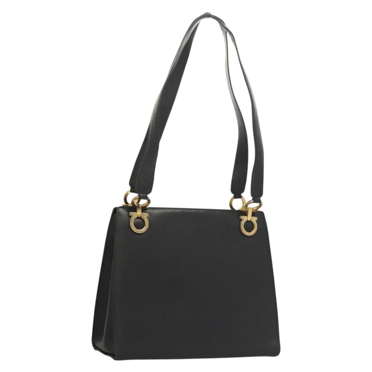 Salvatore Ferragamo Gancini Shoulder Bag Leather Black Gold Auth 134227
