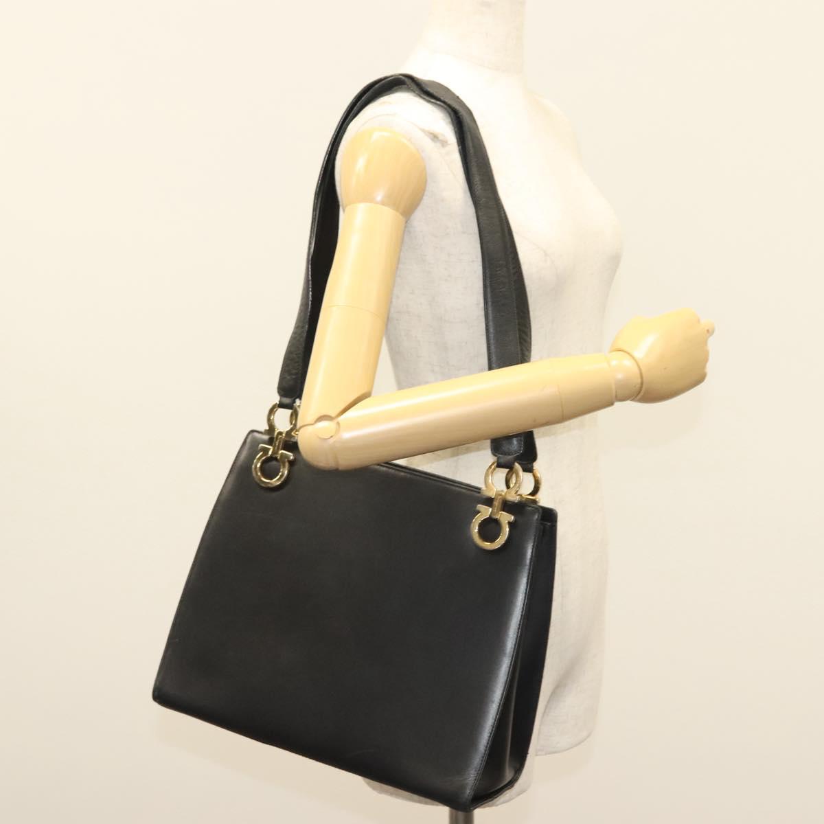 Salvatore Ferragamo Gancini Shoulder Bag Leather Black Gold Auth 134227