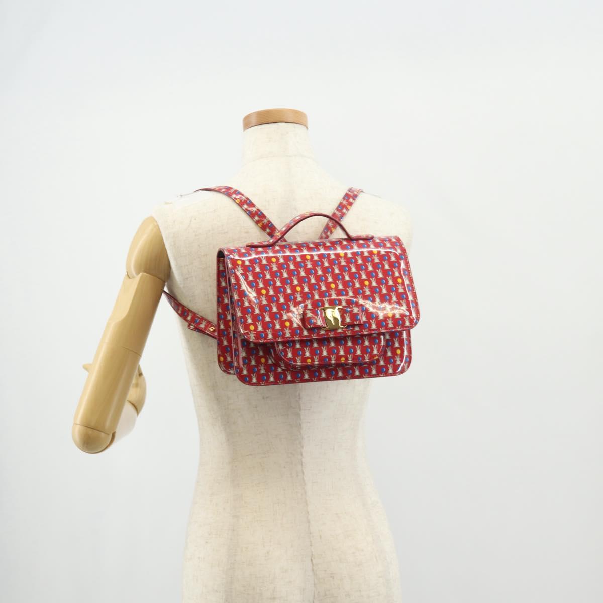 Salvatore Ferragamo Vala Backpack Vinyl Coating 3way Red Gold Auth 134344AV