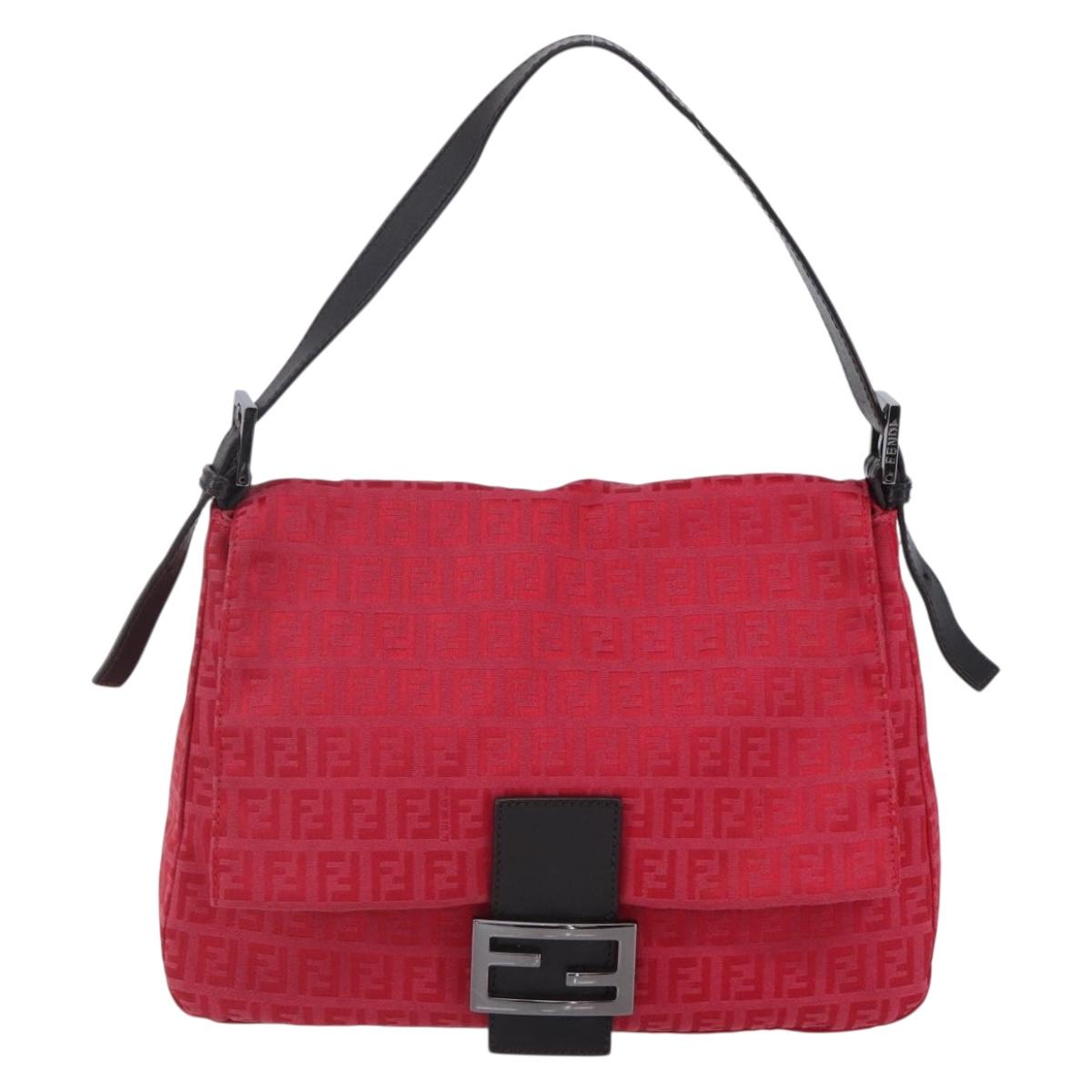 FENDI Zucchino Canvas Mamma Baguette Shoulder Bag Red Silver Auth 134350V