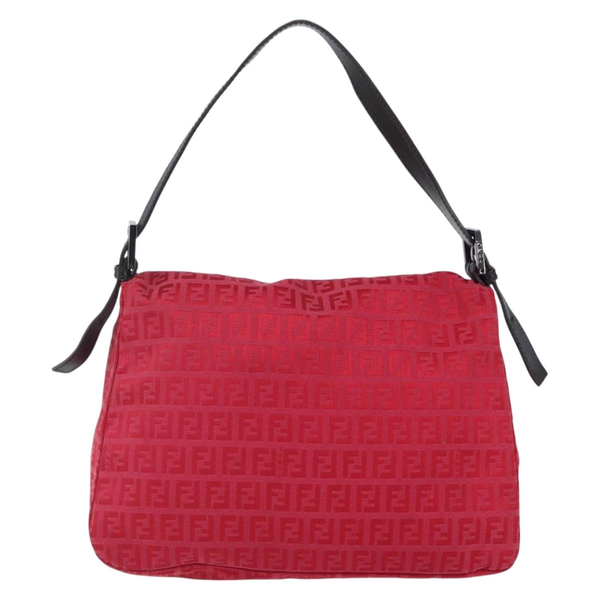 FENDI Zucchino Canvas Mamma Baguette Shoulder Bag Red Silver Auth 134350V