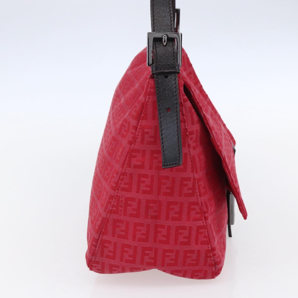 FENDI Zucchino Canvas Mamma Baguette Shoulder Bag Red Silver Auth 134350V
