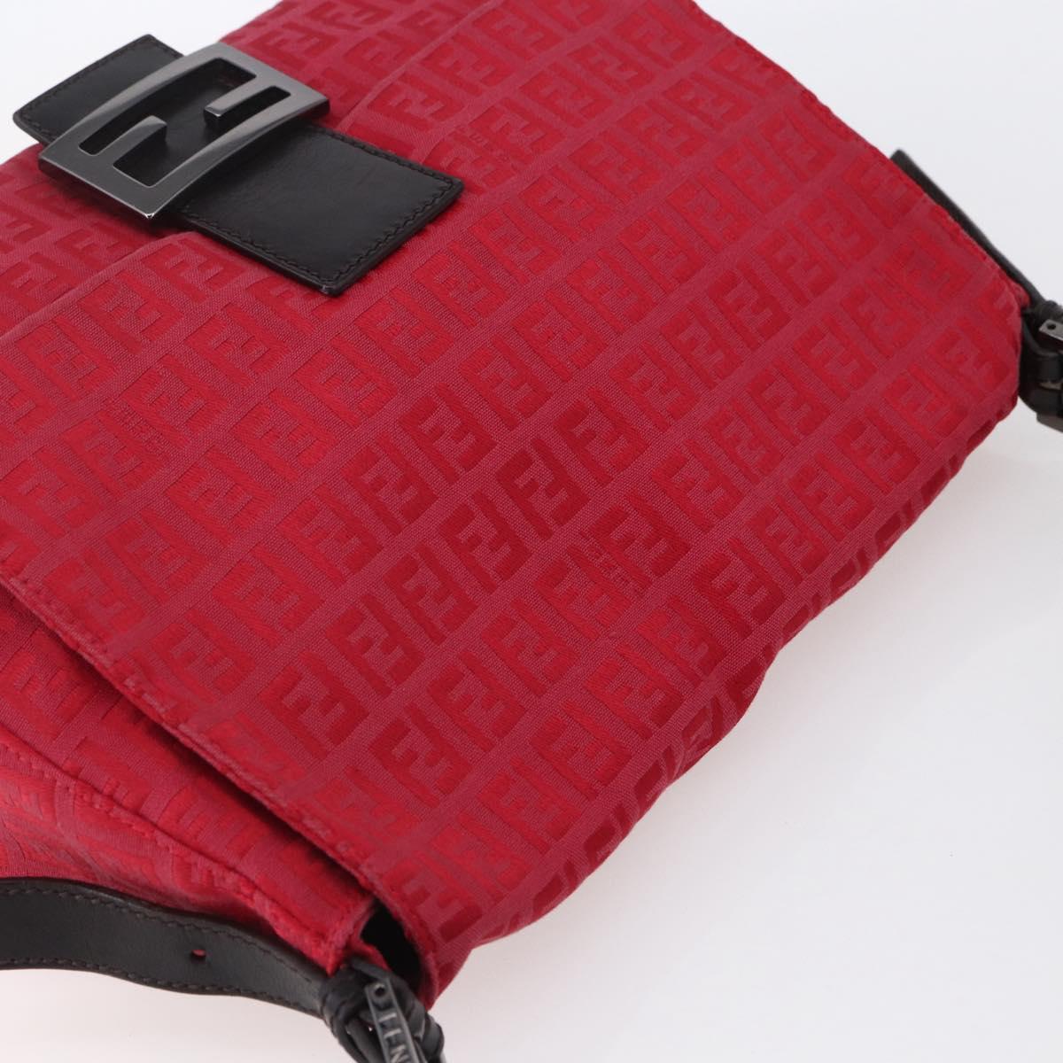 FENDI Zucchino Canvas Mamma Baguette Shoulder Bag Red Silver Auth 134350V
