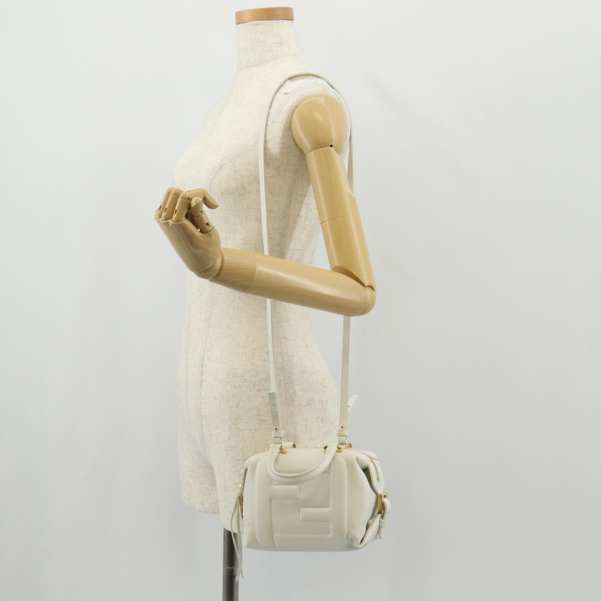 FENDI Hand Bag Leather 2way White Gold Auth 134353AM