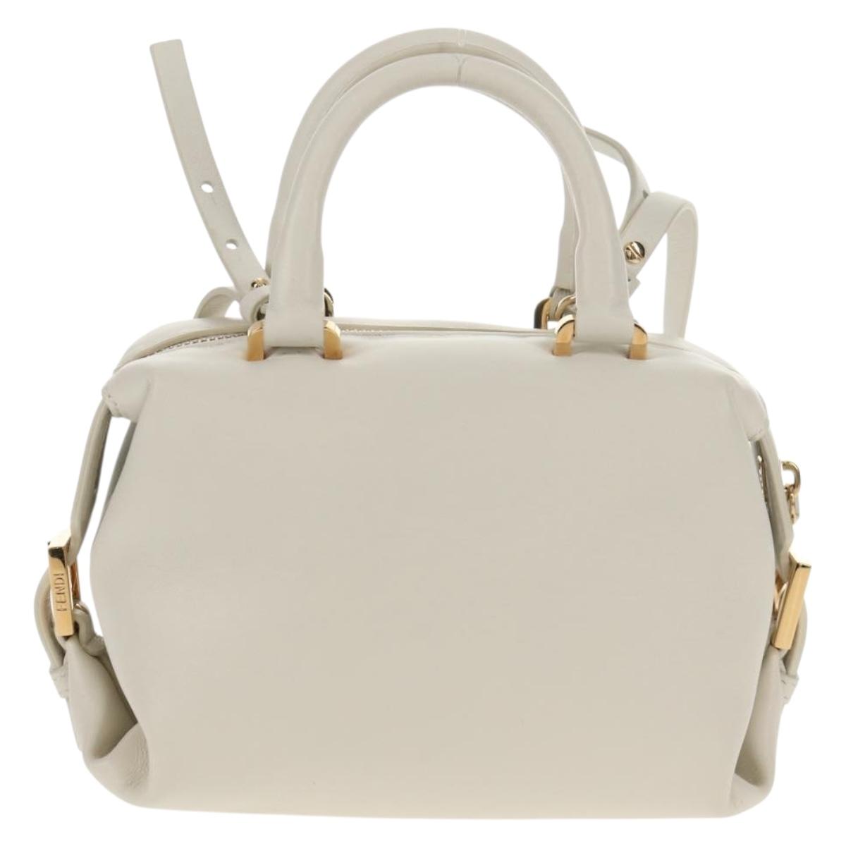 FENDI Hand Bag Leather 2way White Gold Auth 134353AM