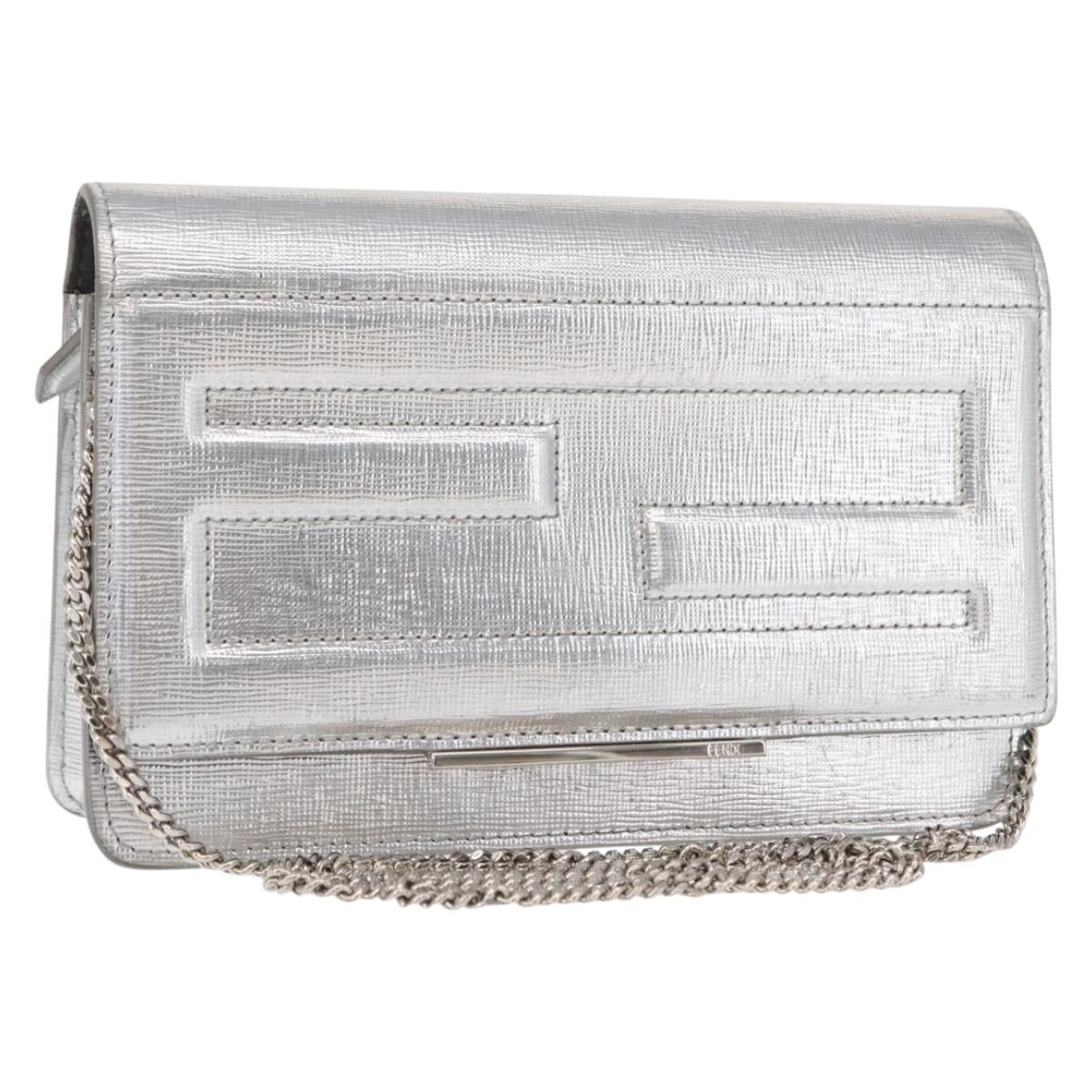 FENDI Chain Shoulder Bag Leather Silver Auth 134354V