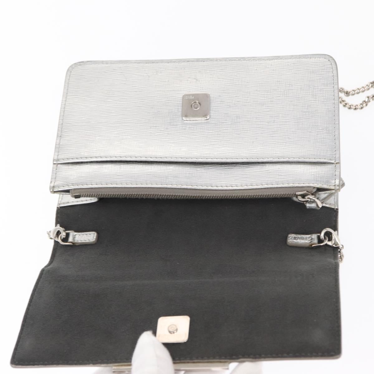 FENDI Chain Shoulder Bag Leather Silver Auth 134354V