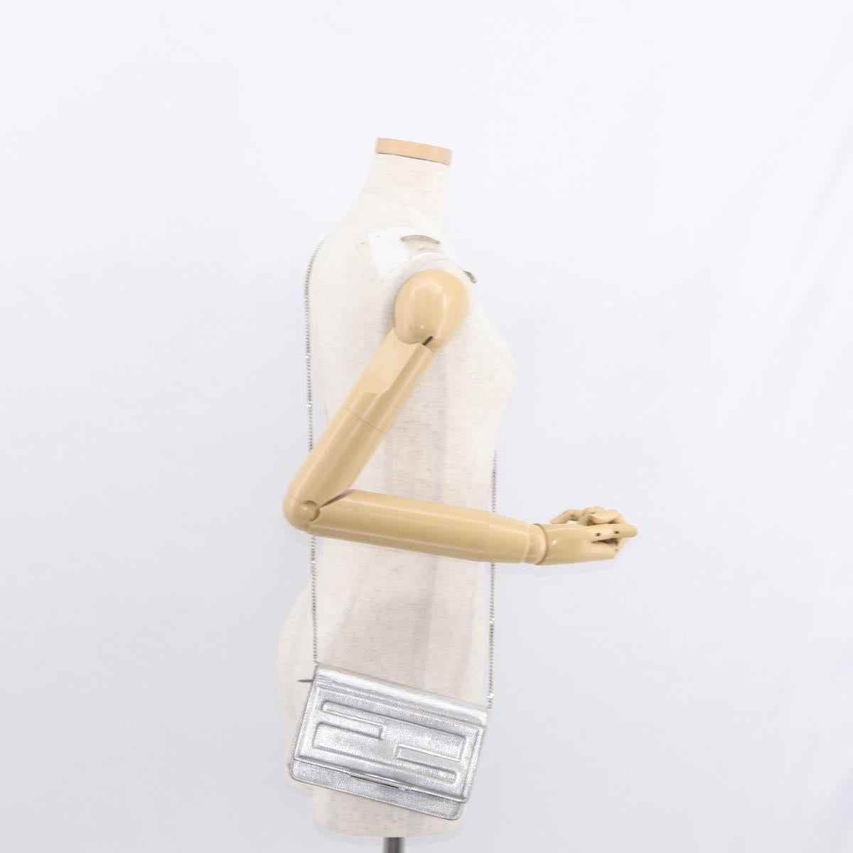 FENDI Chain Shoulder Bag Leather Silver Auth 134354V