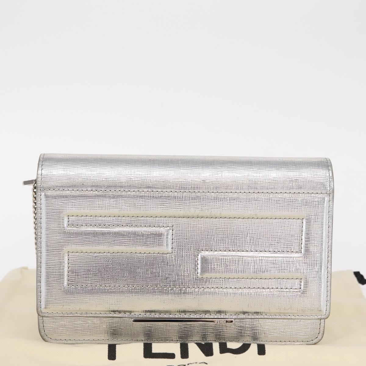 FENDI Chain Shoulder Bag Leather Silver Auth 134354V