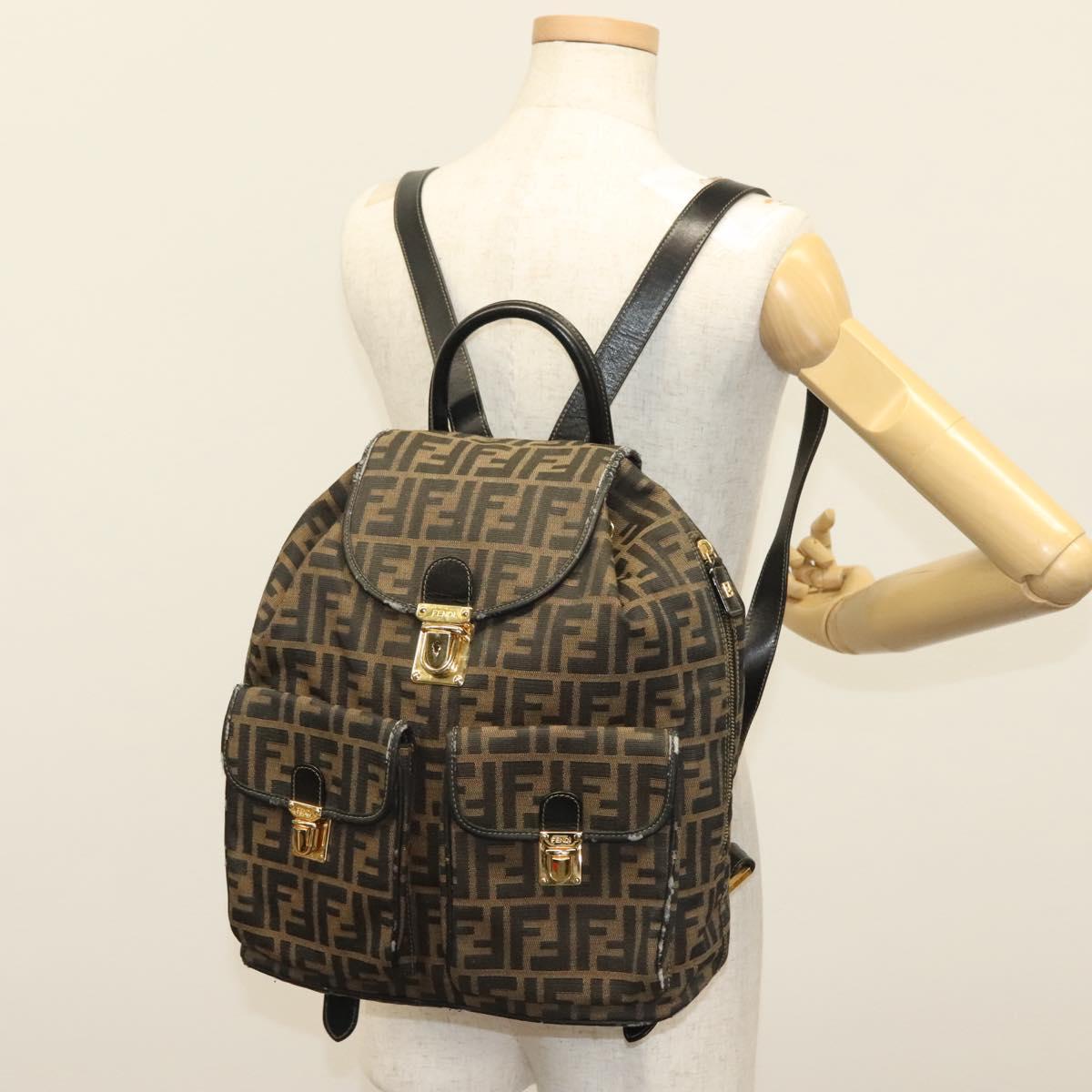 FENDI Zucca Canvas Backpack Black Brown Auth 134435