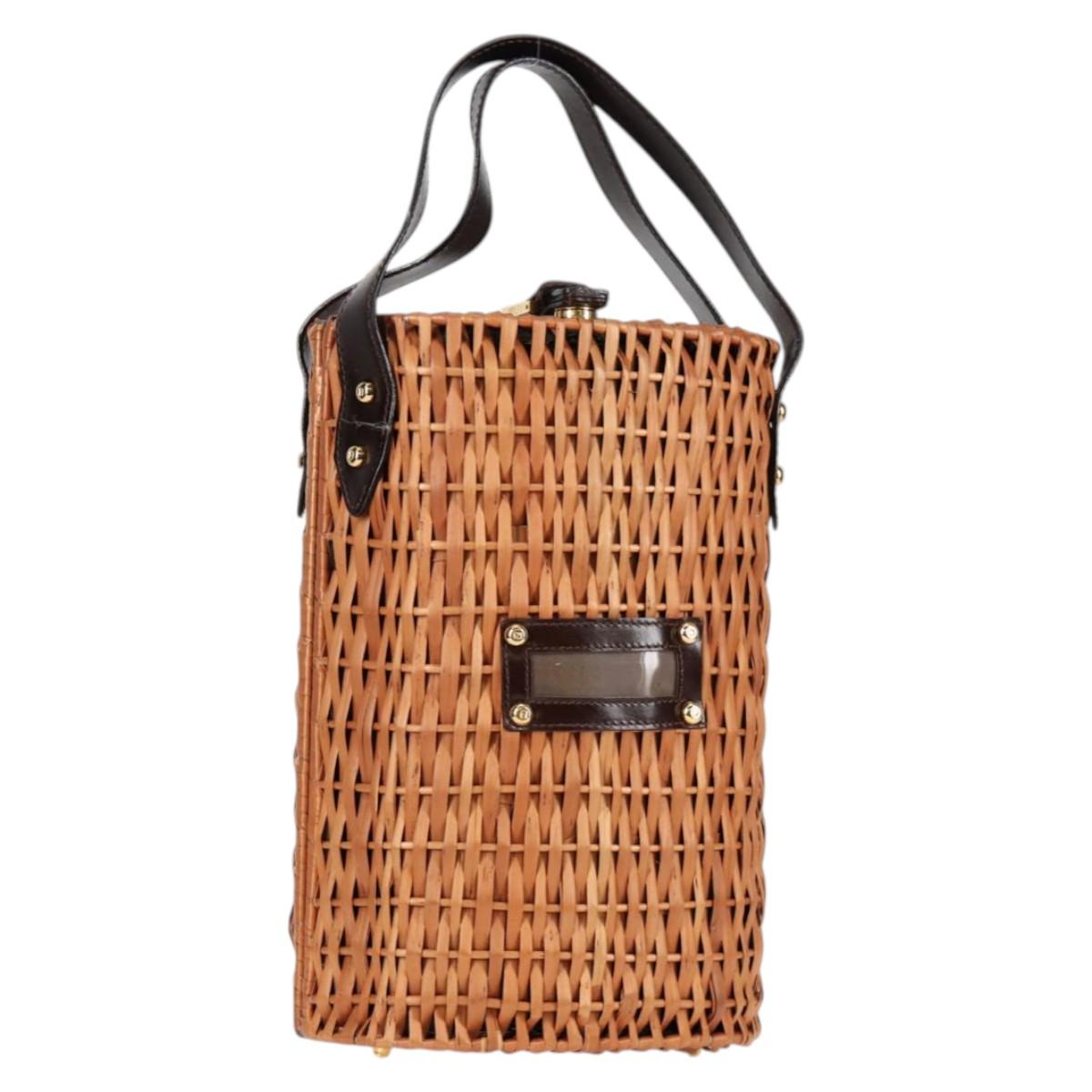 FENDI Straw Bag Hand Bag Raffia Brown Gold Auth 134439V