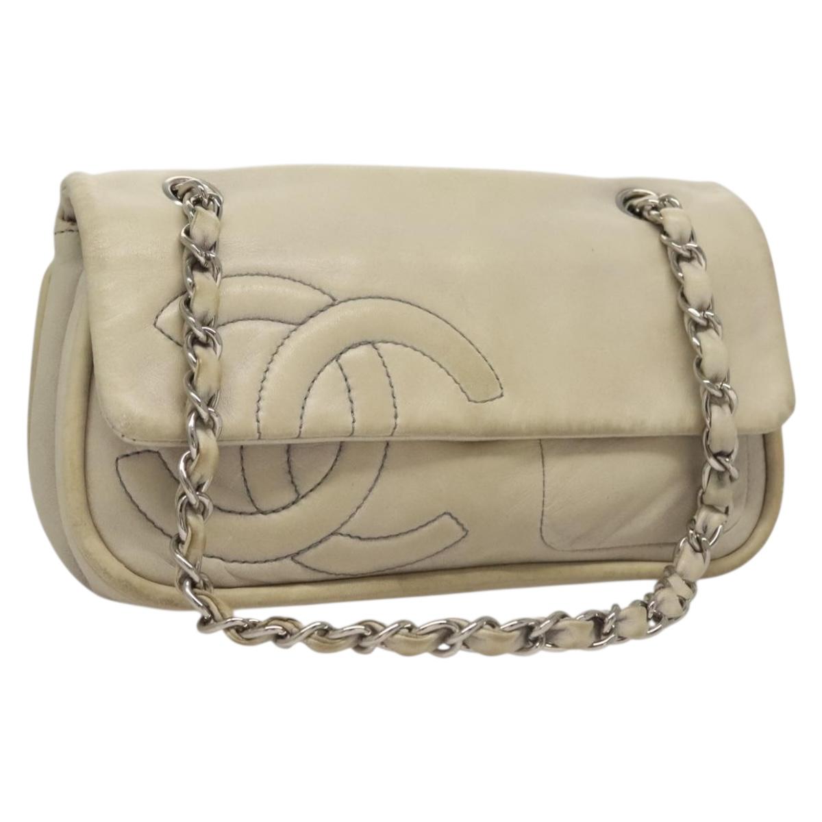 CHANEL Chain Shoulder Bag Lamb Skin Ivory Silver CC Auth 134523
