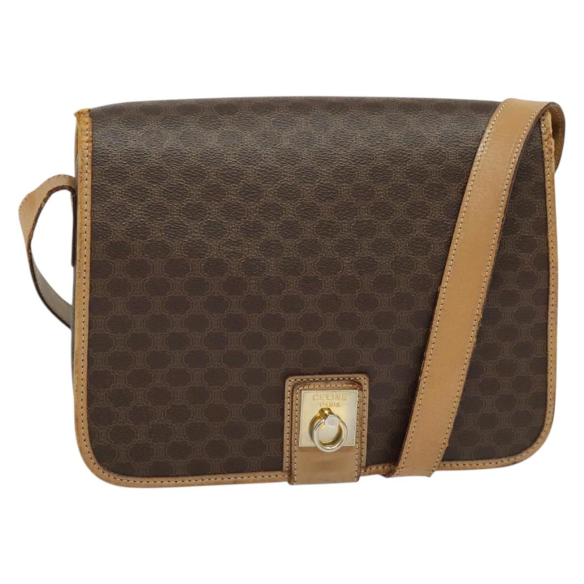 CELINE Macadam Canvas Shoulder Bag PVC Leather Brown Gold Auth 134526