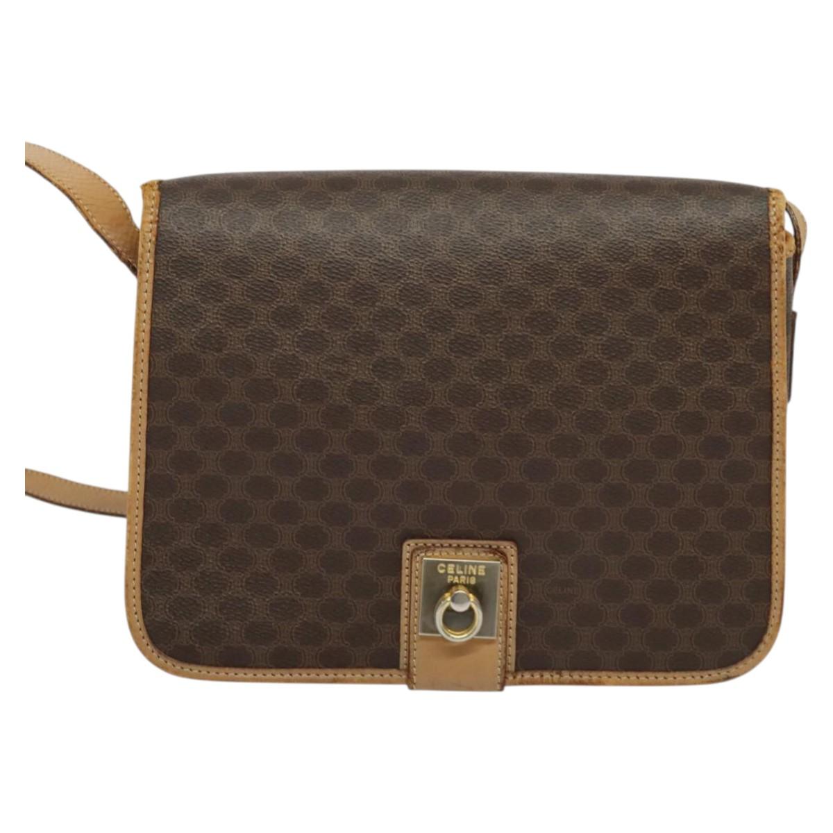 CELINE Macadam Canvas Shoulder Bag PVC Leather Brown Gold Auth 134526