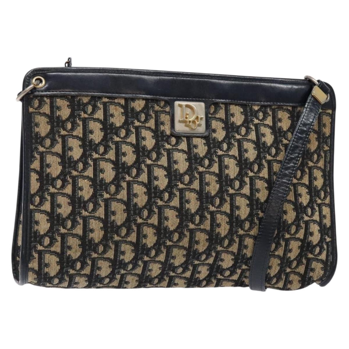 Christian Dior Trotter Canvas Shoulder Bag Navy Gold Auth 134568
