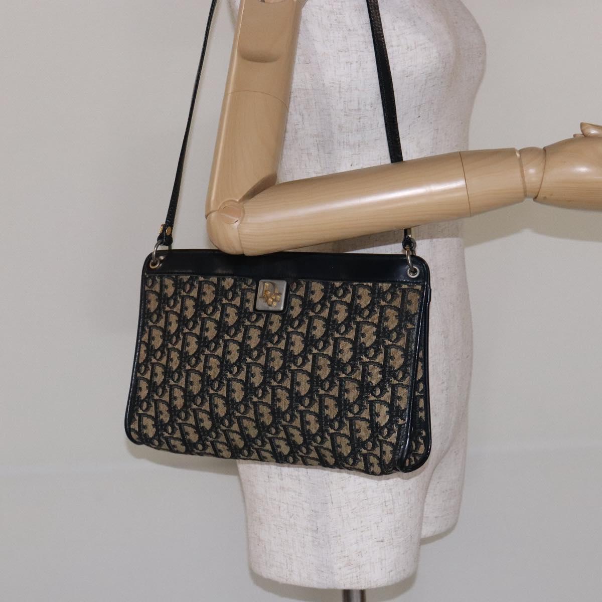 Christian Dior Trotter Canvas Shoulder Bag Navy Gold Auth 134568
