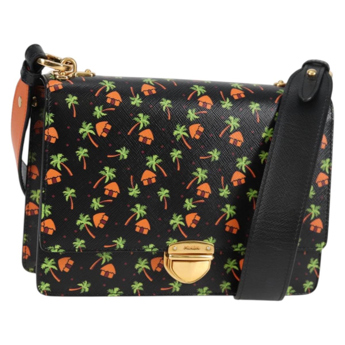 PRADA Shoulder Bag Leather Black Gold Auth 134572V