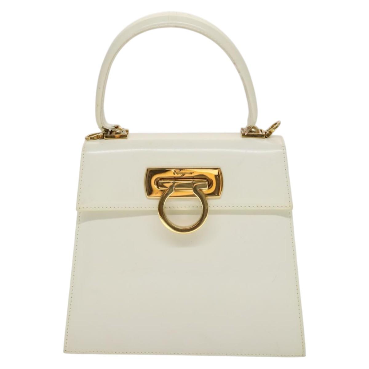 Salvatore Ferragamo Gancini Hand Bag Leather 2way White Gold Auth 134575