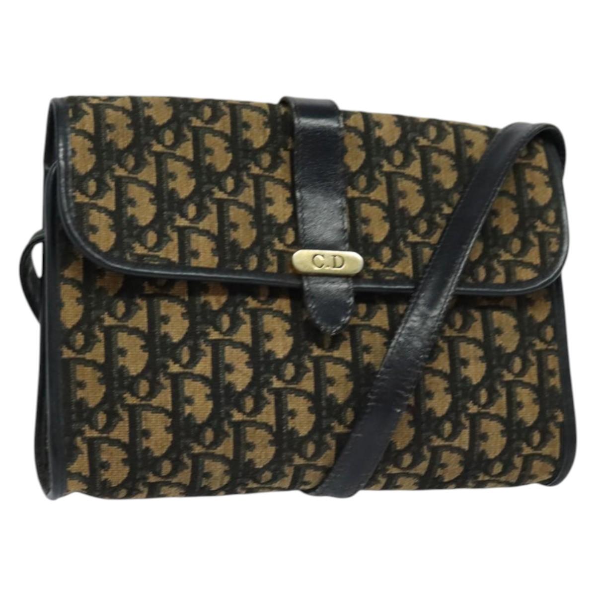 Christian Dior Trotter Canvas Shoulder Bag Navy Gold Auth 134643