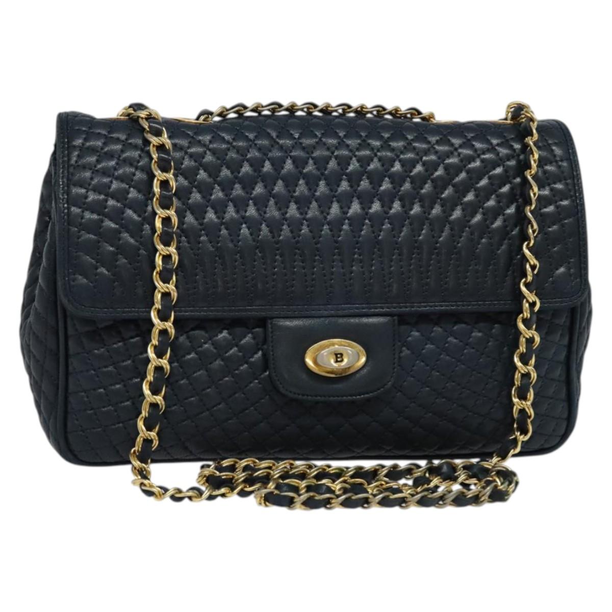 BALLY Chain Shoulder Bag Leather Navy Gold Auth 134645