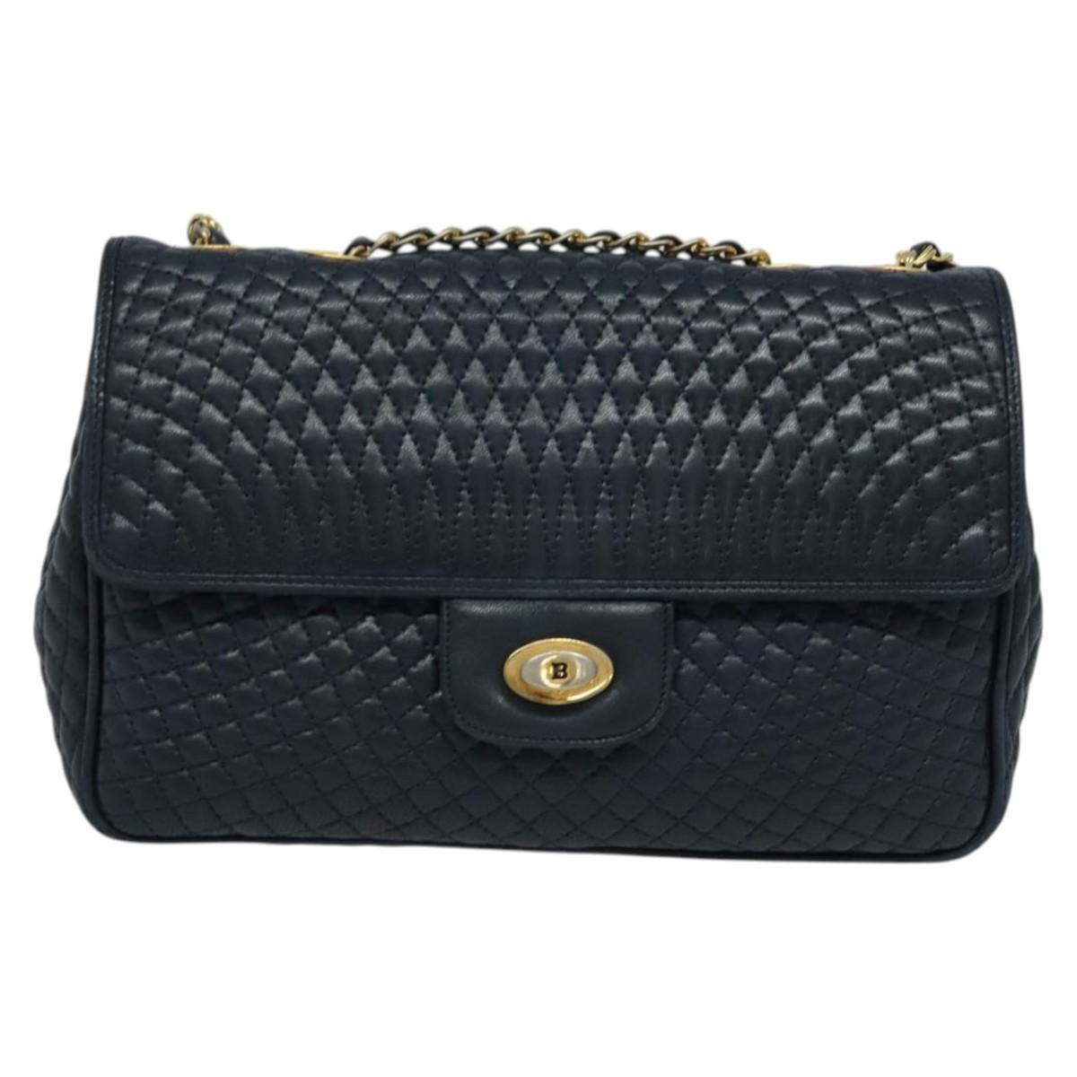 BALLY Chain Shoulder Bag Leather Navy Gold Auth 134645