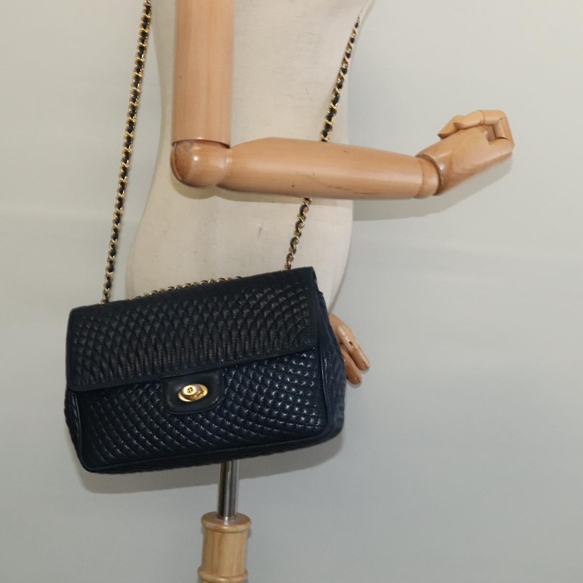 BALLY Chain Shoulder Bag Leather Navy Gold Auth 134645