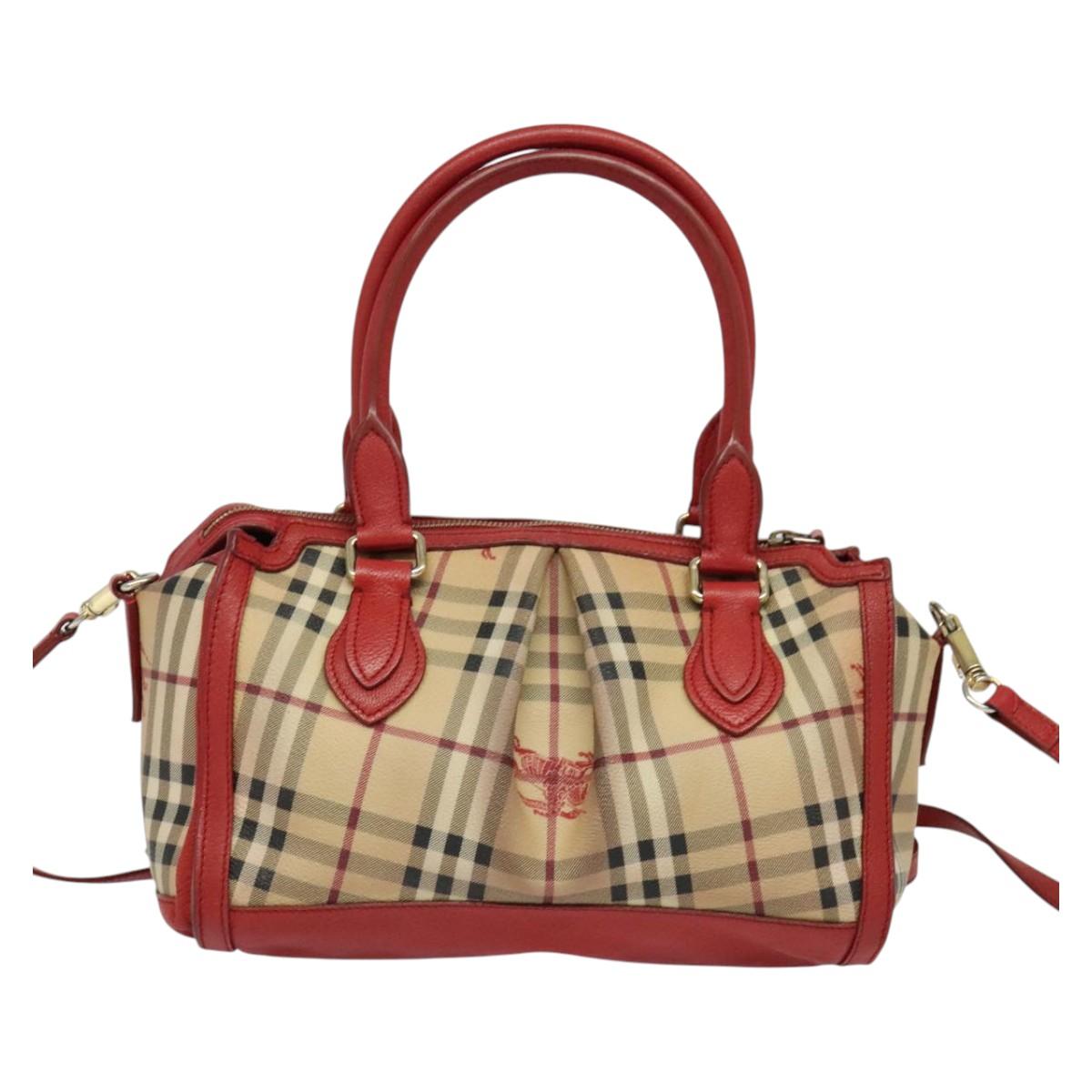 BURBERRY Nova Check Hand Bag PVC 2way Beige Silver Auth 134698