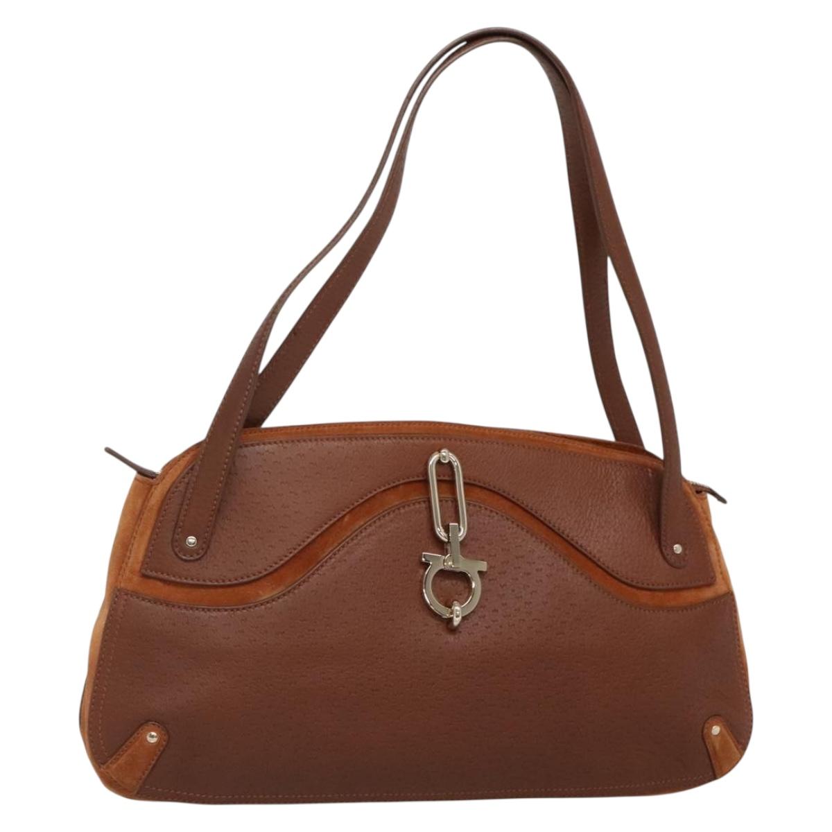 Salvatore Ferragamo Gancini Shoulder Bag Suede Brown Gold Auth 134733