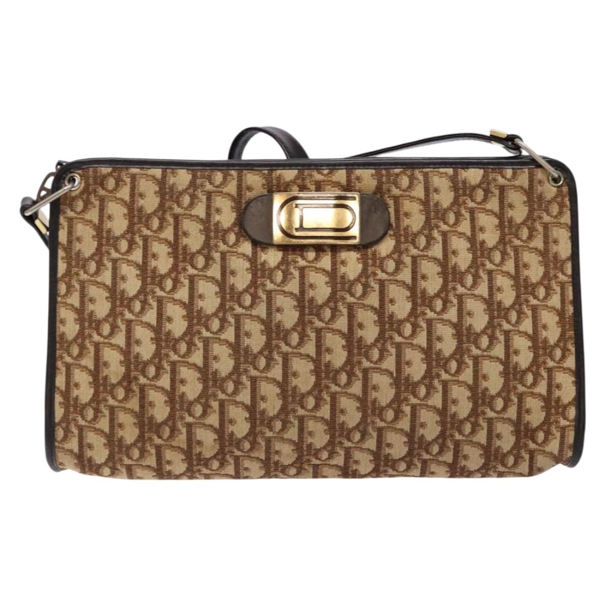 Christian Dior Trotter Canvas Shoulder Bag Brown Gold Auth 134767