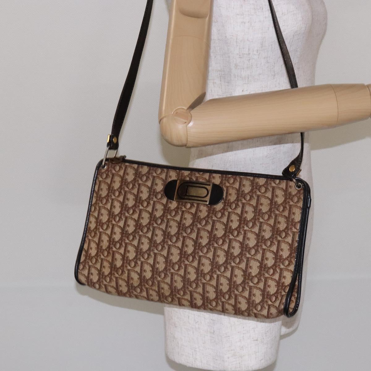 Christian Dior Trotter Canvas Shoulder Bag Brown Gold Auth 134767