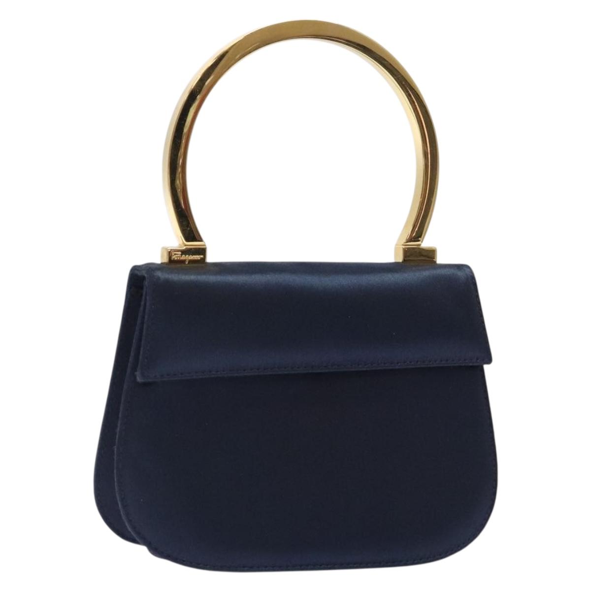 Salvatore Ferragamo Gancini Hand Bag Satin Navy Gold Auth 134768